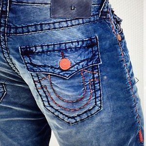TRUE RELIGION Ricky Flap Super T Corduroys Indigo Blue & Red Pants Size 44 RARE